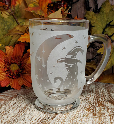 Witchy Cat in Moon 16oz Etched Glass Mug