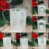 (Choose Design) 15 oz Winter Borosilicate lightweight Etched Glass Mugs